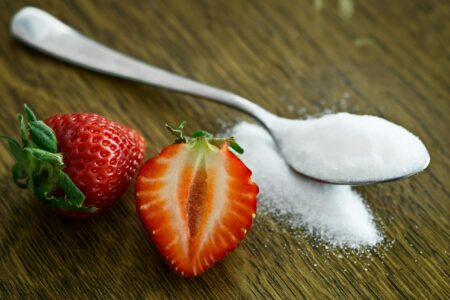 angel delight dessert with almond milk made with strawberries and sugar