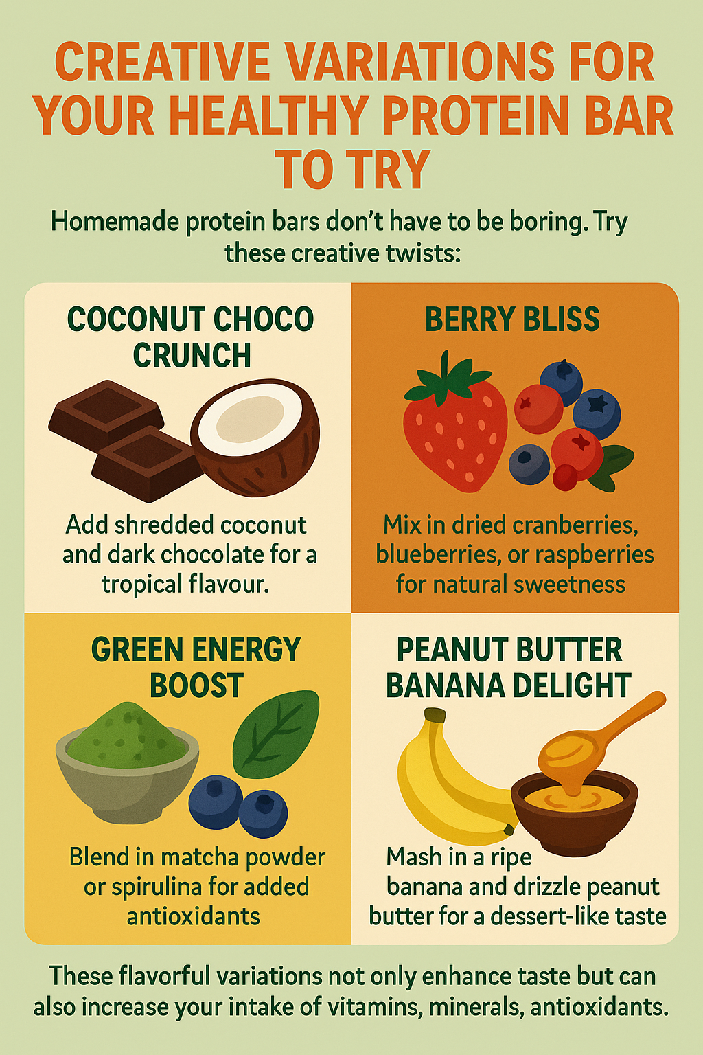 Make Your Own Healthy Protein Bar Recipe: A Simple Guide to Nutritious Homemade Snack 3 Creative Variations for Your Healthy Protein Bar to Try infographic