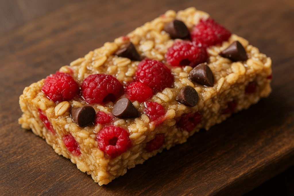 homemade protein bar made with oats chop chips and raspberries